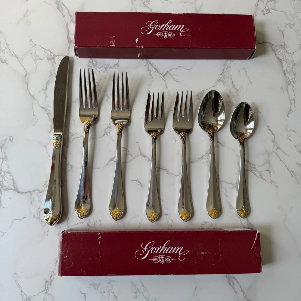 Gorham Golden Legacy Stainless Flatware Gold Accent 7 Piece Lot 9927510 Korea